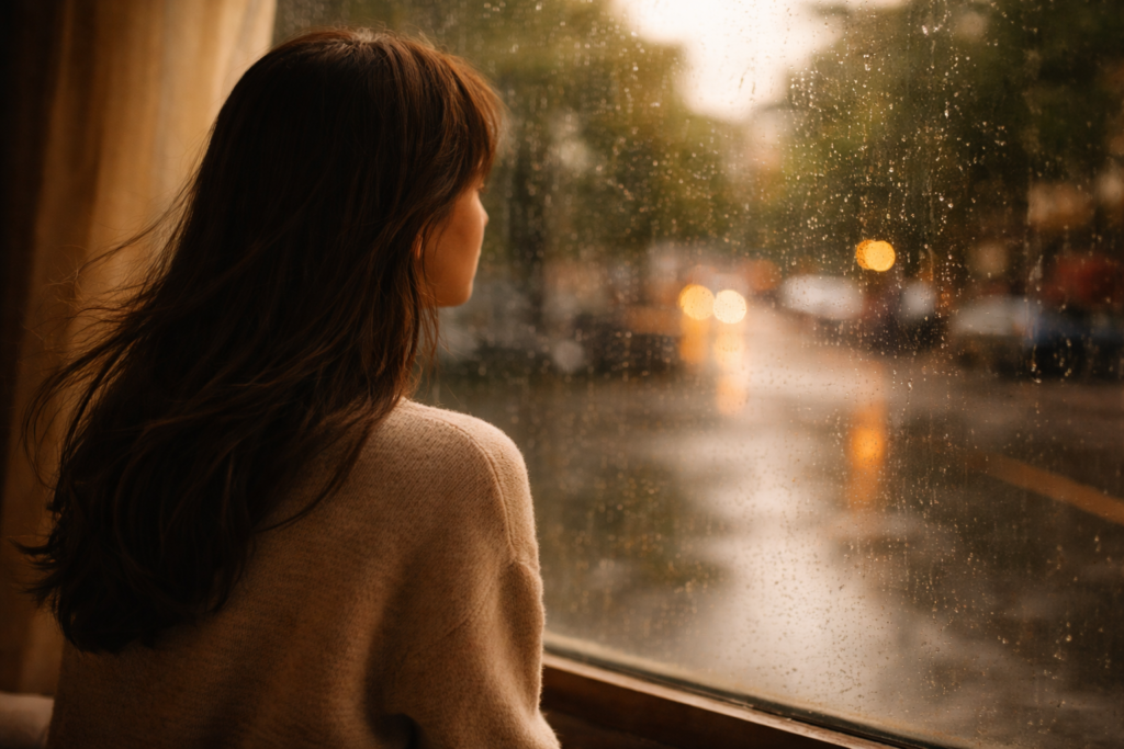 Nữ ngồi ngắm mưa