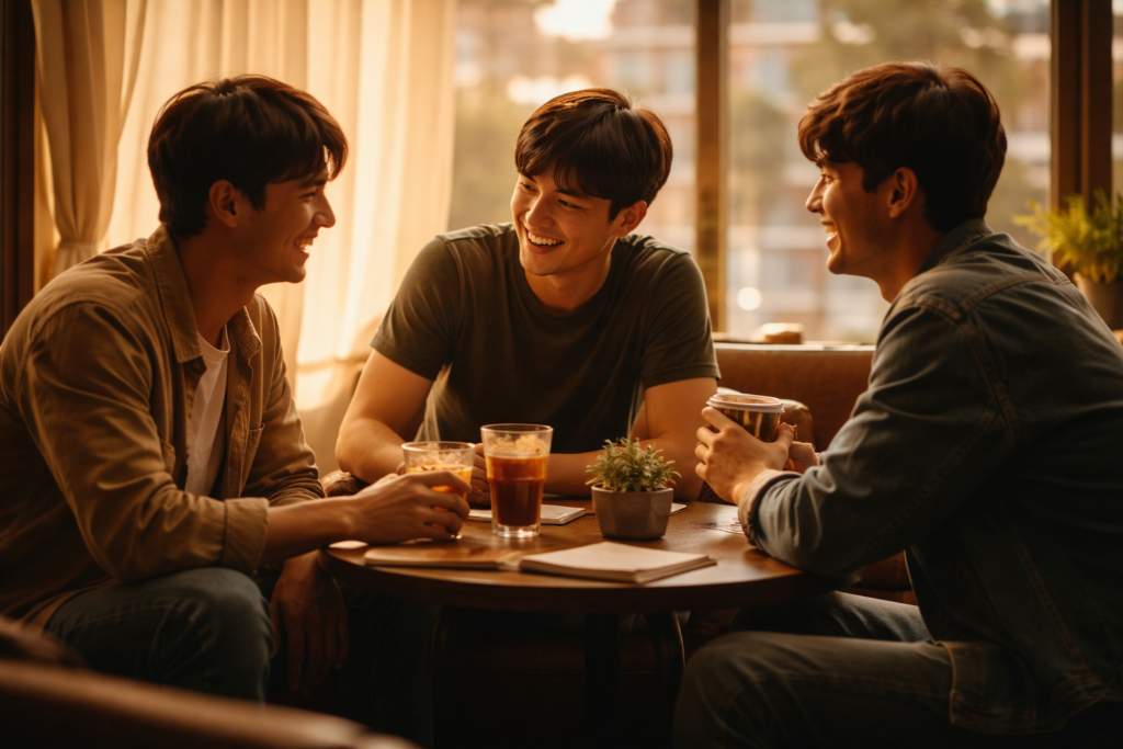 Nhóm bán ngồi uống cà phê